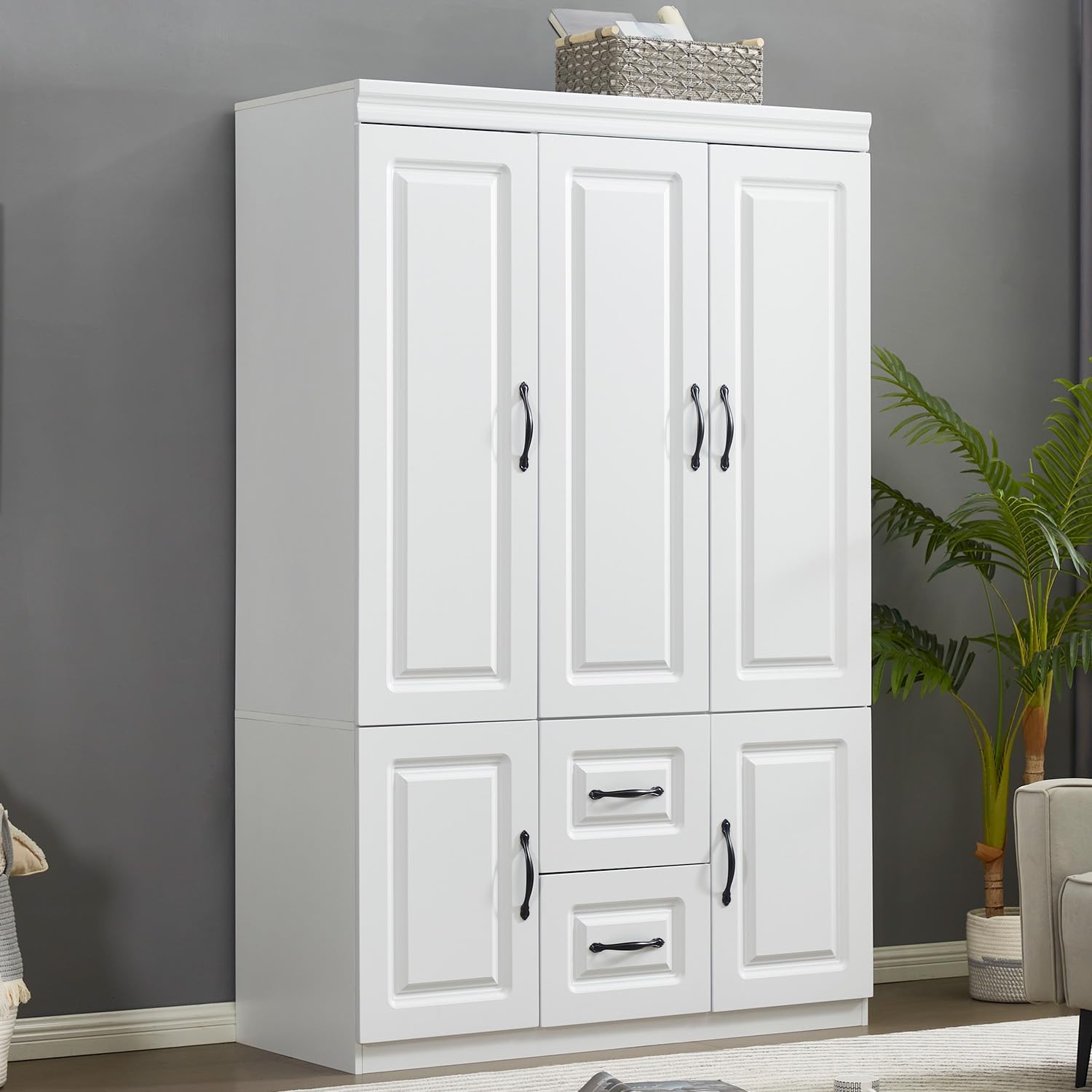 61aankD8tlL._AC_SL1500_.jpg Wardrobe Armoire Storage Cabinet Wood: 3 Door 2 Drawers White Closet Wardrobe for High Storage Capacity with 3 Shelves and Metal Handles for Tall Cabinet Closet - Image 1