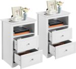 Bedside Table Set of 2, Tall Nightstand with 2 Drawer and Cubby, Wooden Bedside Table for Bedroom Small Space, Tall Bedside Cabinet Telephone Table, 16″ D × 19″ W × 29″ H, White