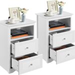 Bedside Table Set of 2, Tall Nightstand with 2 Drawer and Cubby, Wooden Bedside Table for Bedroom Small Space, Tall Bedside Cabinet Telephone Table, 16″ D × 19″ W × 29″ H, White