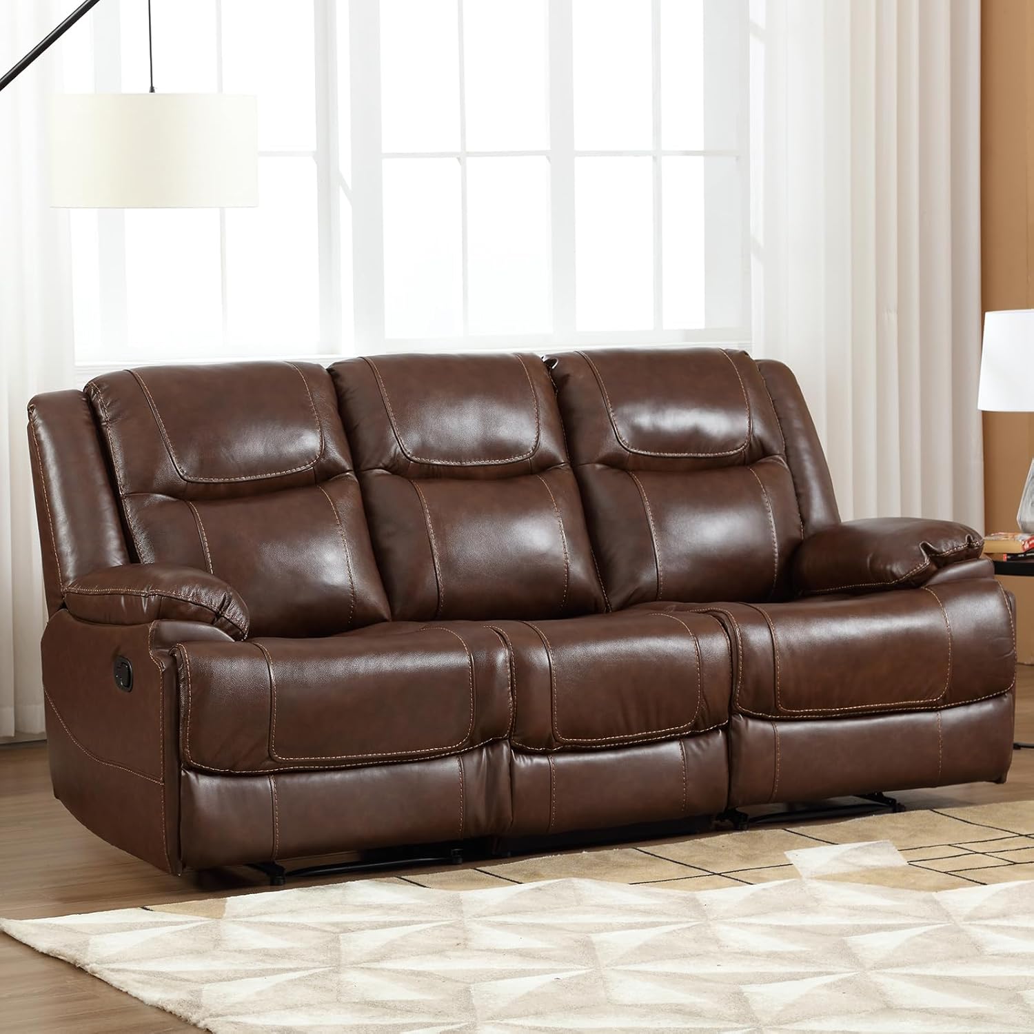 71MVn9APUJL._AC_SL1500_.jpg Genuine Leather Manual Reclining Sofa, 3 Seat Recliner Sofa, Couch for Living Room, Bedroom Furniture, Meeting Room, Brown (3 Seat Sofa) - Image 1