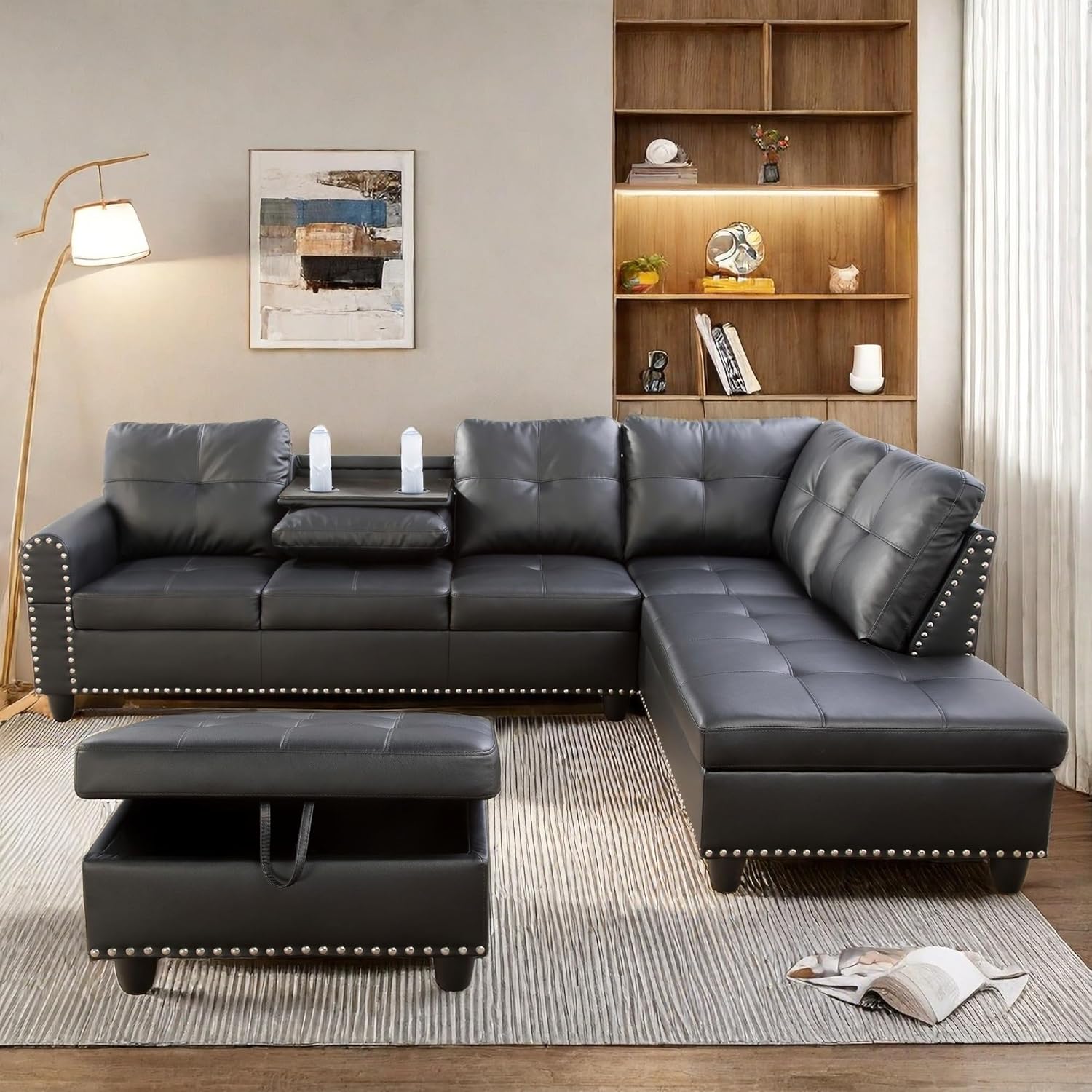 8177-tZB93L._AC_SL1500_.jpg Leather L Shaped Couch with Ottoman, Modern Nail-Head Design Comfy Sectional Sofa with Cup Holder & Chaise for Living Room, Bedroom, Office - Image 1
