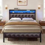 LED Bed Frame Full Size with Storage Headboard Platform Bed Frame with 2 Charging Outlets and 2 USB Ports Non-Slip Without Noise Strong Metal Slats Support No Box Spring Needed,Dark Brown