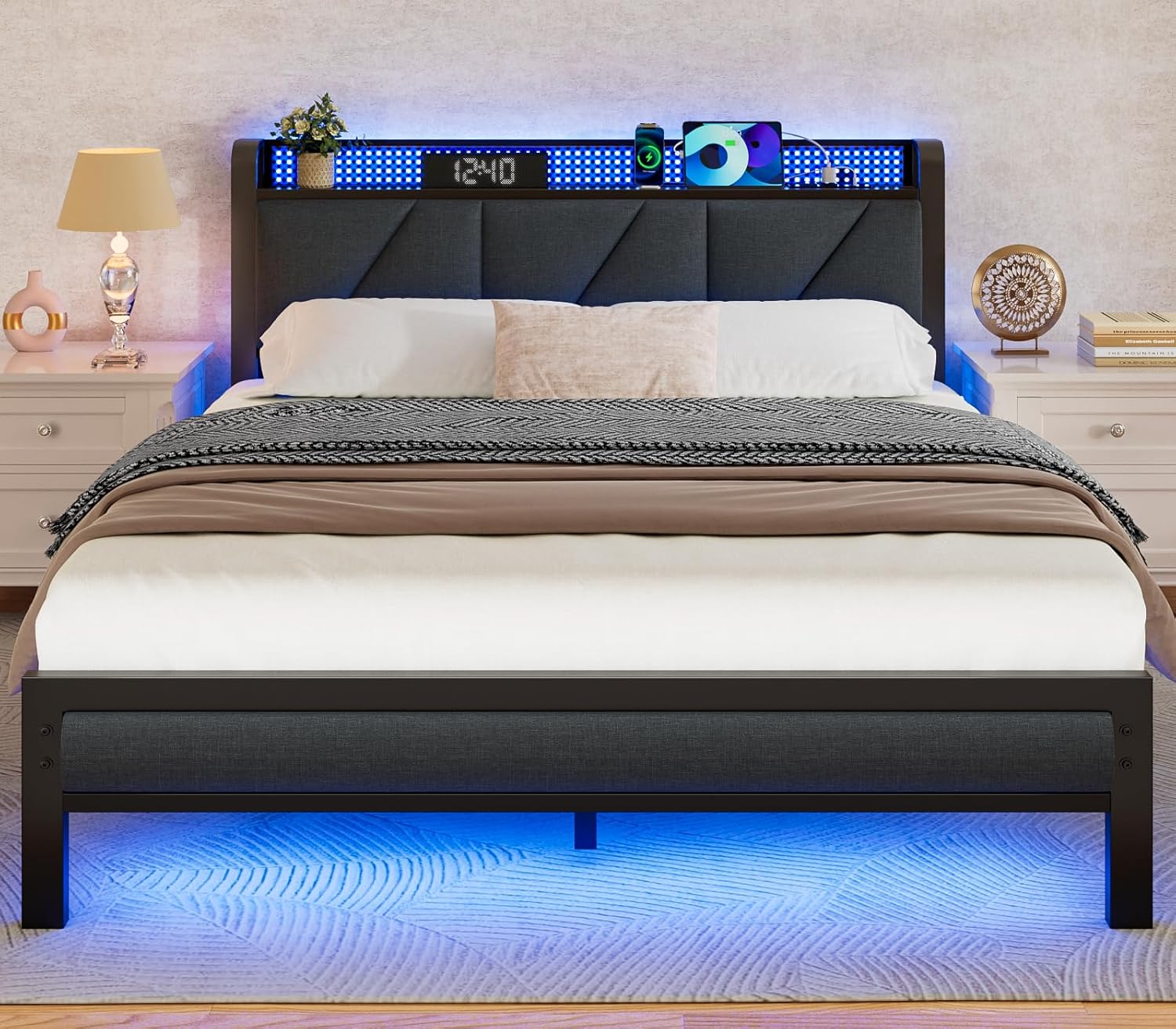 81jx898NZzL._AC_SL1500_.jpg Full Bed Frame with LED Lights,Headboard with Charging Station and USB Port,Upholstered Platform Bedframe Metal Support,No Box Spring Needed - Image 1