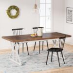 Farmhouse Dining Table for 6 People, 70.8-Inch Rectangular Wood Dining Table, Rustic Kitchen Table with Heavy Duty Metal Legs for Dining Room (Brown/White)