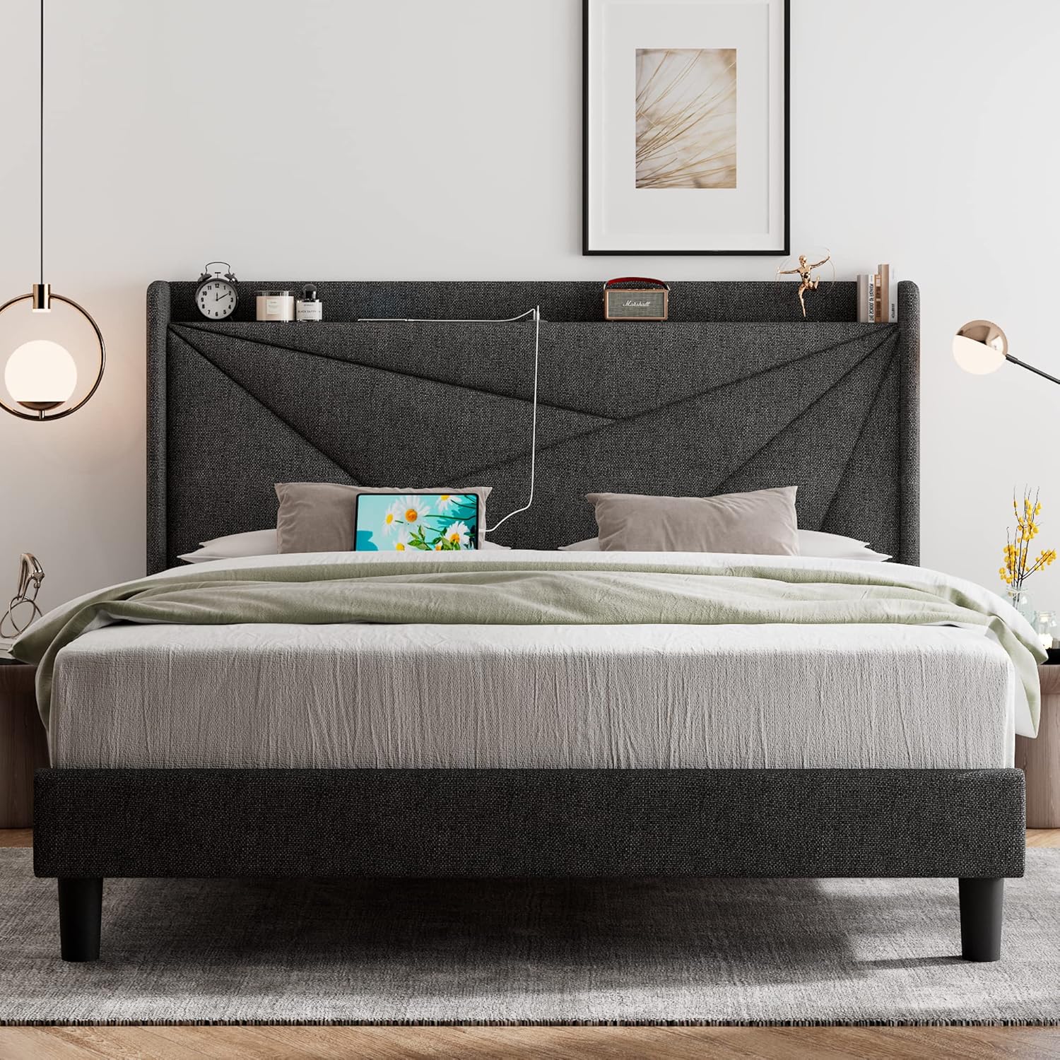 91S1iy361XL._AC_SL1500_.jpg Queen Bed Frame with Type-C & USB Ports, Upholstered Platform Bed Frame with Wingback Storage Headboard, Solid Wood Slats Support, No Box Spring Needed, Noise-Free, Dark Gray - Image 1