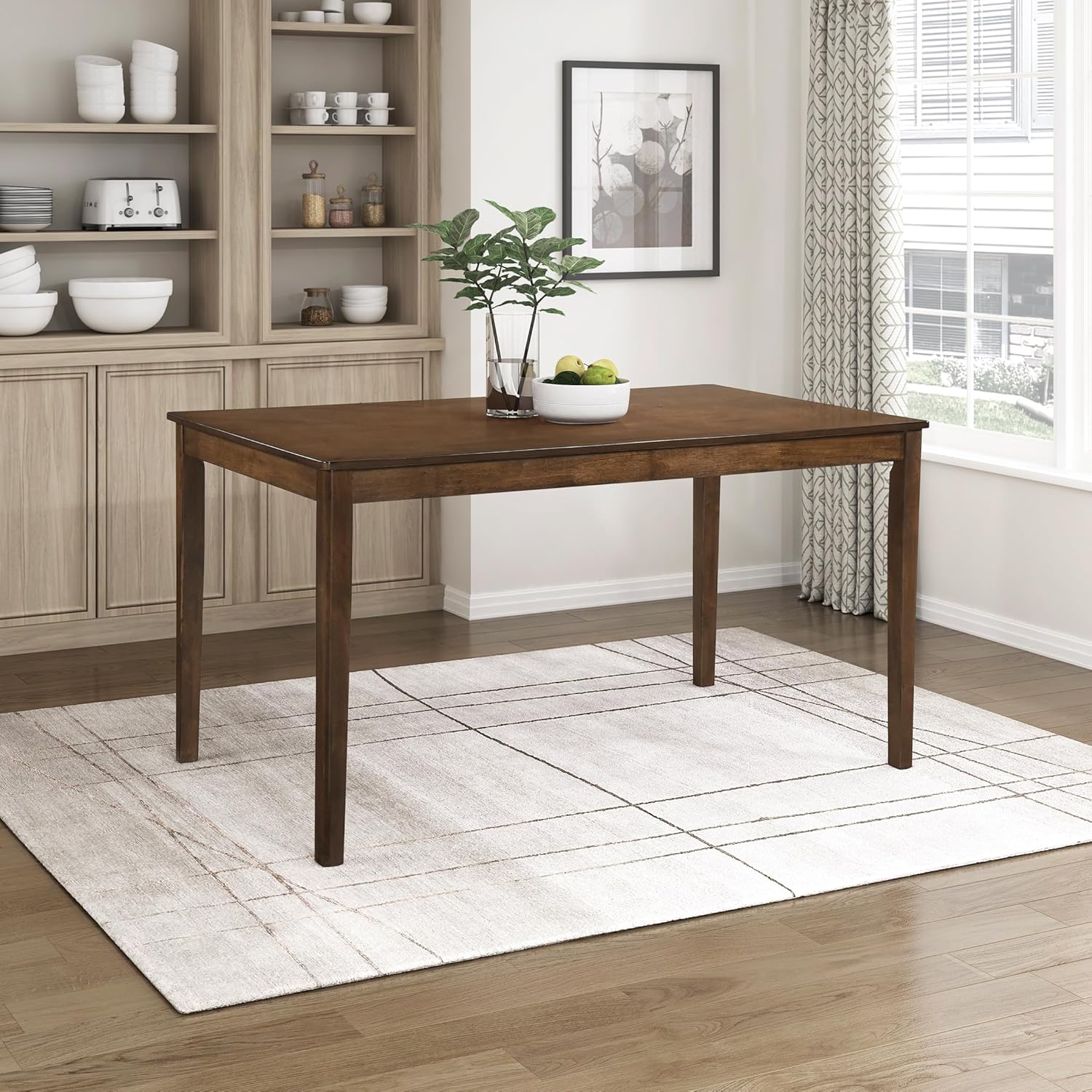 91UhyQKh2aL._AC_SL1500_.jpg 55.5" Dining Table for 4, Modern Rectangular Dining Room Table, Wood Dining Table, Modern Wood Table with Solid Wood Leg for Kitchen/Dining/Living Room, Easy Assembly, Chestnut - Image 1