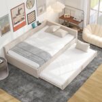Full Size Bed Frame, Full Size Upholstered Platform Bed with USB Ports and Twin Size Trundle, Modern Wooden Bed Frame w/ Wood Slats Support, Space Saving Full Size Bed for Dormitory Apartment, Beige